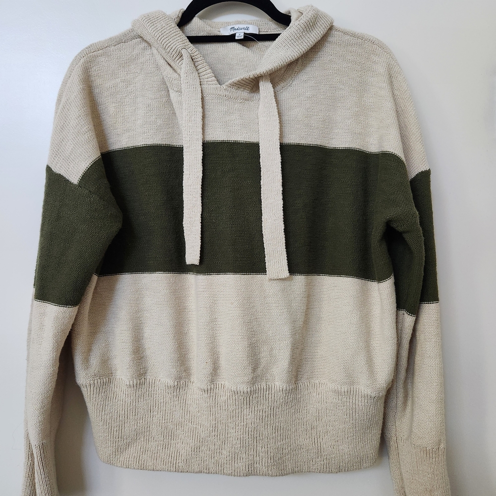 Madewell Clairview Striped Knit Hoodie Cropped Sweater Green Beige Medium
